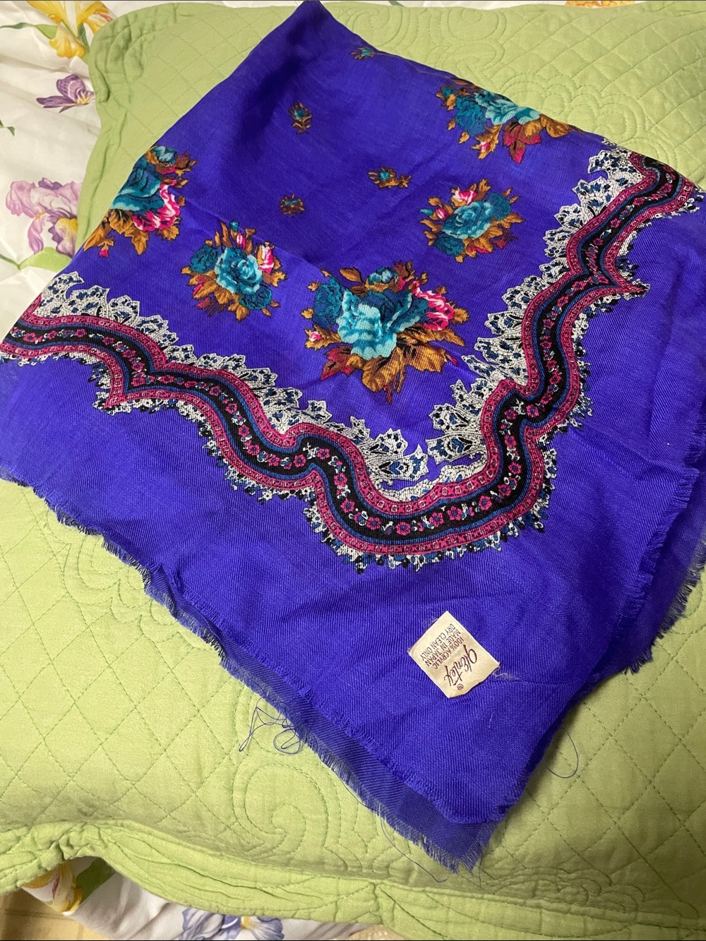 Vintage Floral Fringe Scarf in Royal Blue made in Japan g/entex 100% acrylic